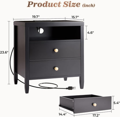 Modern Black Nightstand with Charging Station and Two Drawers, Stylish Bedside Table with Storage Solutions and Metal Knobs