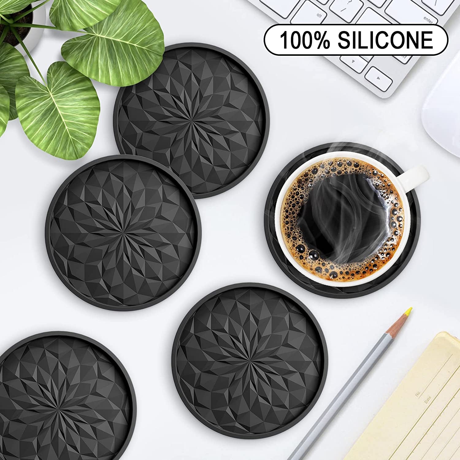 Silicone Coasters with Holder,[6 Pack] Drinking Coasters - Cup Mat for Hot or Cold Drinks, Thickened, Non-Slip, Non-Stick,Deep Tray Black