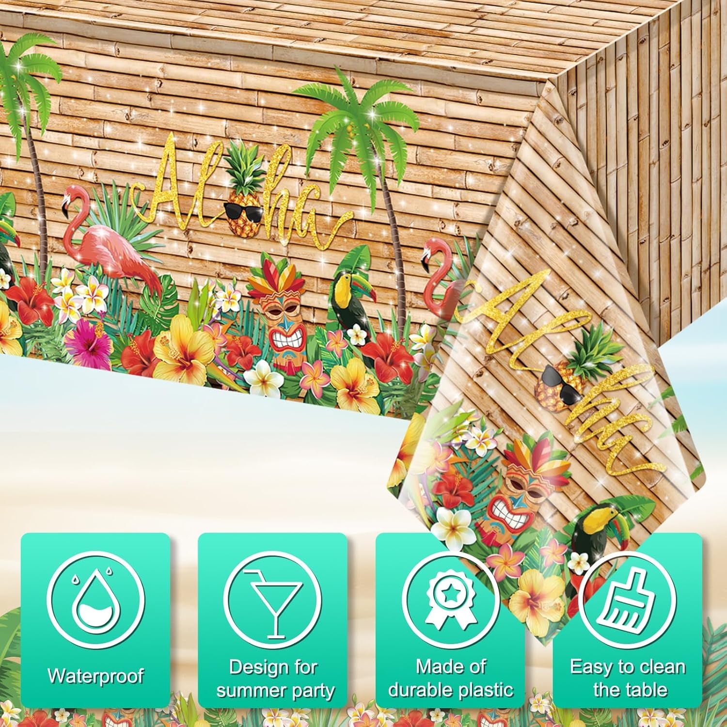 3Pcs Hawaiian Luau Tablecloth Tiki Party Tablecloths Tropical Table Cloth Plastic Disposable Rectangle Table Covers for Tiki Bar Tropical Summer Beach Pool Birthday Party Decorations ,108X 54 Inch