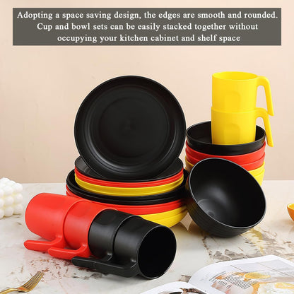 24-Piece Reusable Plastic Dinnerware Set for 6 - Includes Dinner Plates, Dessert Plates, Cereal Bowls, and Cups for Home, Garden, Picnic, and Camping