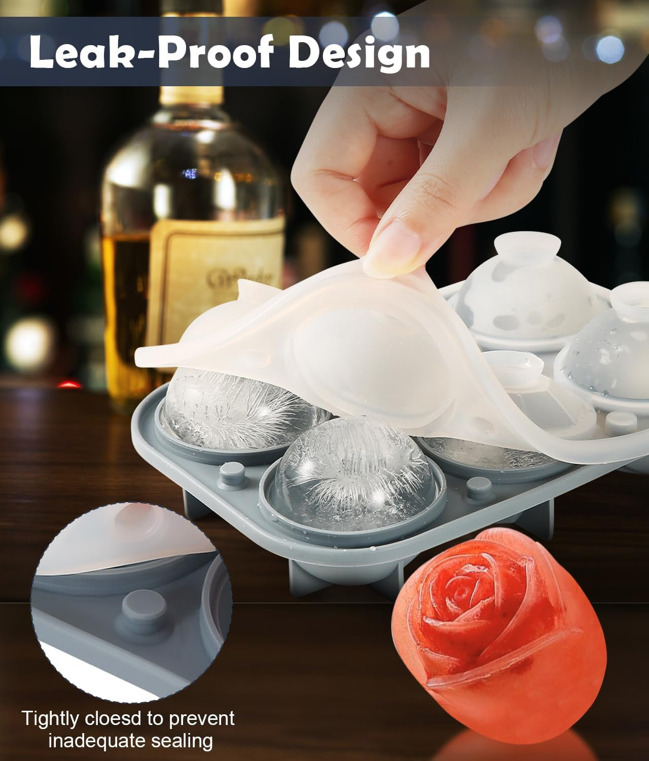 2Pack Silicone Square and round Ice Cube Trays for Freezer - Sphere, Rose, Diamond Ice Molds for Whiskey, Cocktails & DIY, Gray