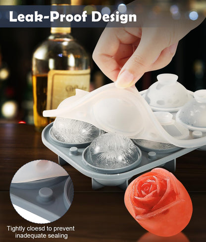 2Pack Silicone Square and round Ice Cube Trays for Freezer - Sphere, Rose, Diamond Ice Molds for Whiskey, Cocktails & DIY, Gray