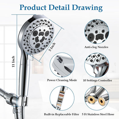 10 Settings Shower Head with Handheld, 5" High Pressure Showerhead Include 2 Powerful Wash Modes for Cleaning Bathroom, Hand Held Shower Head Set with Stainless Steel Hose Filter for Hard Water