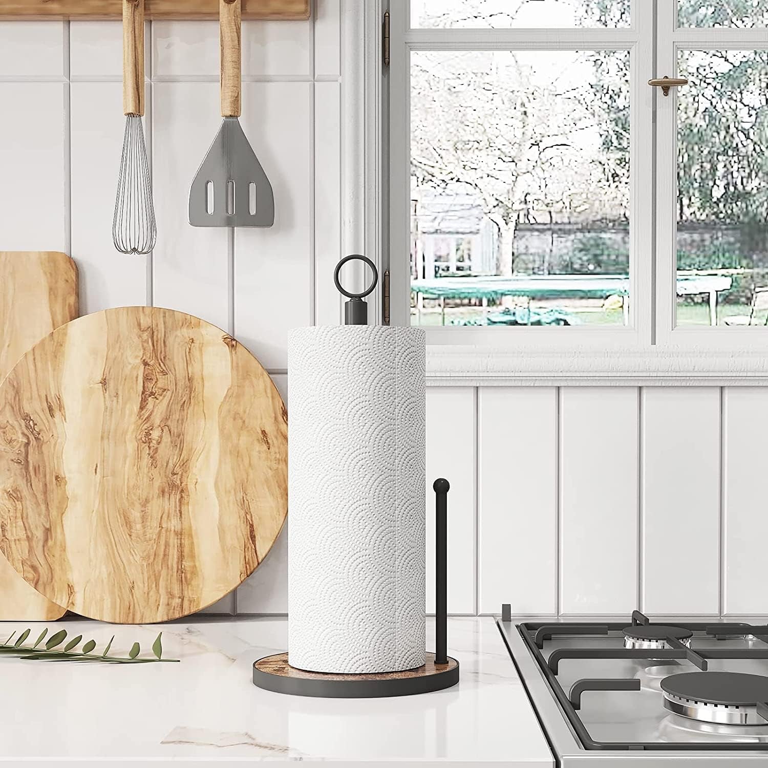 Paper Towel Holder Countertop with Heavy Duty Wood Base, Farmhouse Paper Towel Roll Stand for Kitchen Counter Fits Standard and Jumbo Size Paper Towels (Brown - Easy to Tear)