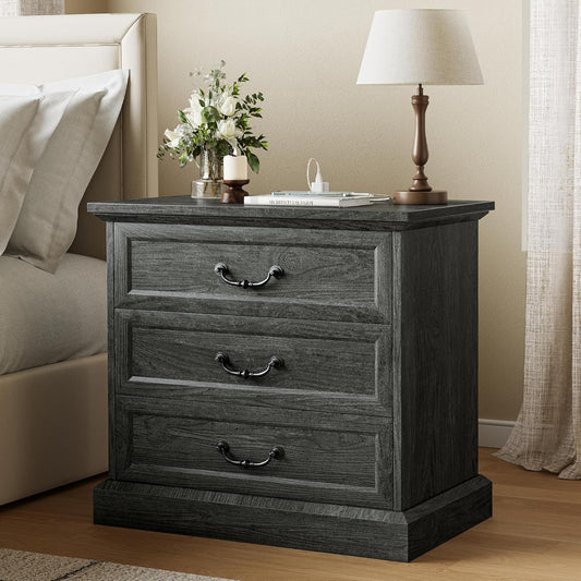 Farmhouse Nightstand with Charging Station, 3 Drawer Storage Side Table, 22-Inch Wide Black Design with Vintage Handles and Reinforced Base for Bedroom