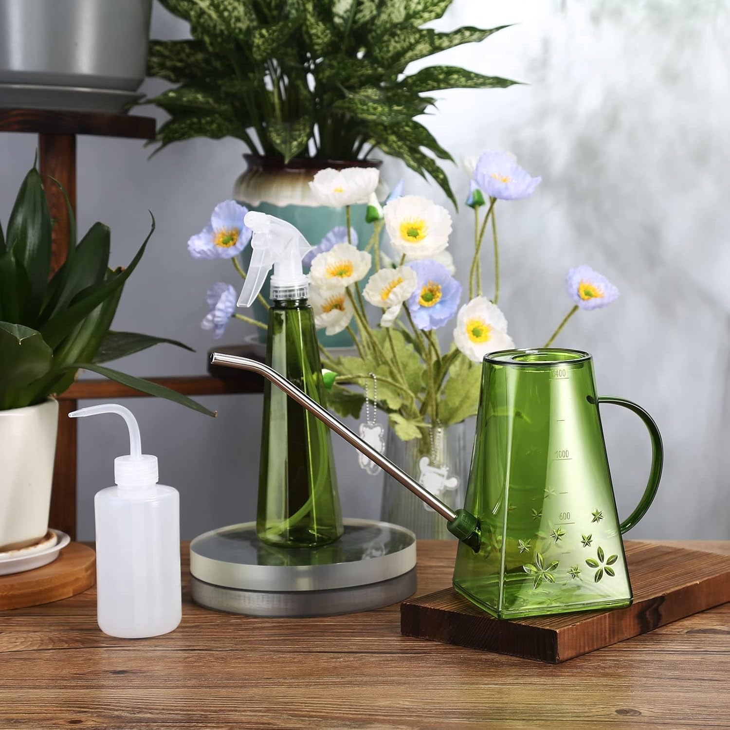 Indoor Plants Watering Can - Long Spout 47 Oz with Bonus 16 Oz Spray Bottle & 8.5 Oz Squeeze Bottle, Green