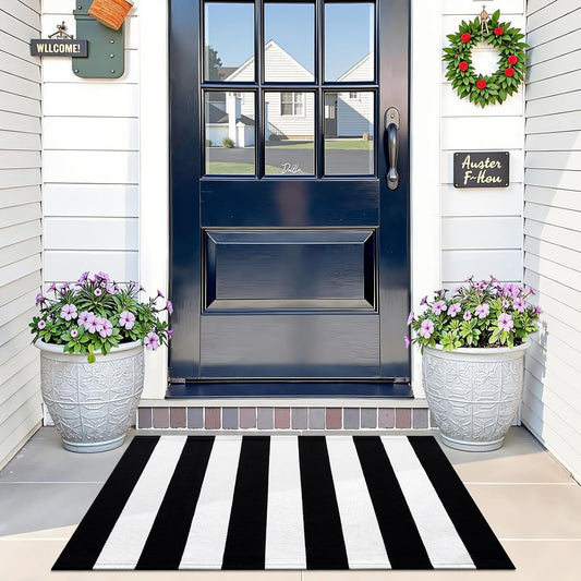 Black and White Striped Rug 2' X 3' (24" X 36") – Washable Cotton Indoor Outdoor Doormat for Front Door, Entryway, Kitchen, Porch, Patio Decor