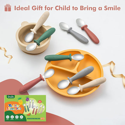 8-Piece Toddler Spoon Set - Safe and Durable Silicone Handle Utensils for Self-Feeding, Made from Food-Grade 18/8 Stainless Steel, Dishwasher Safe with Anti-Choke Design