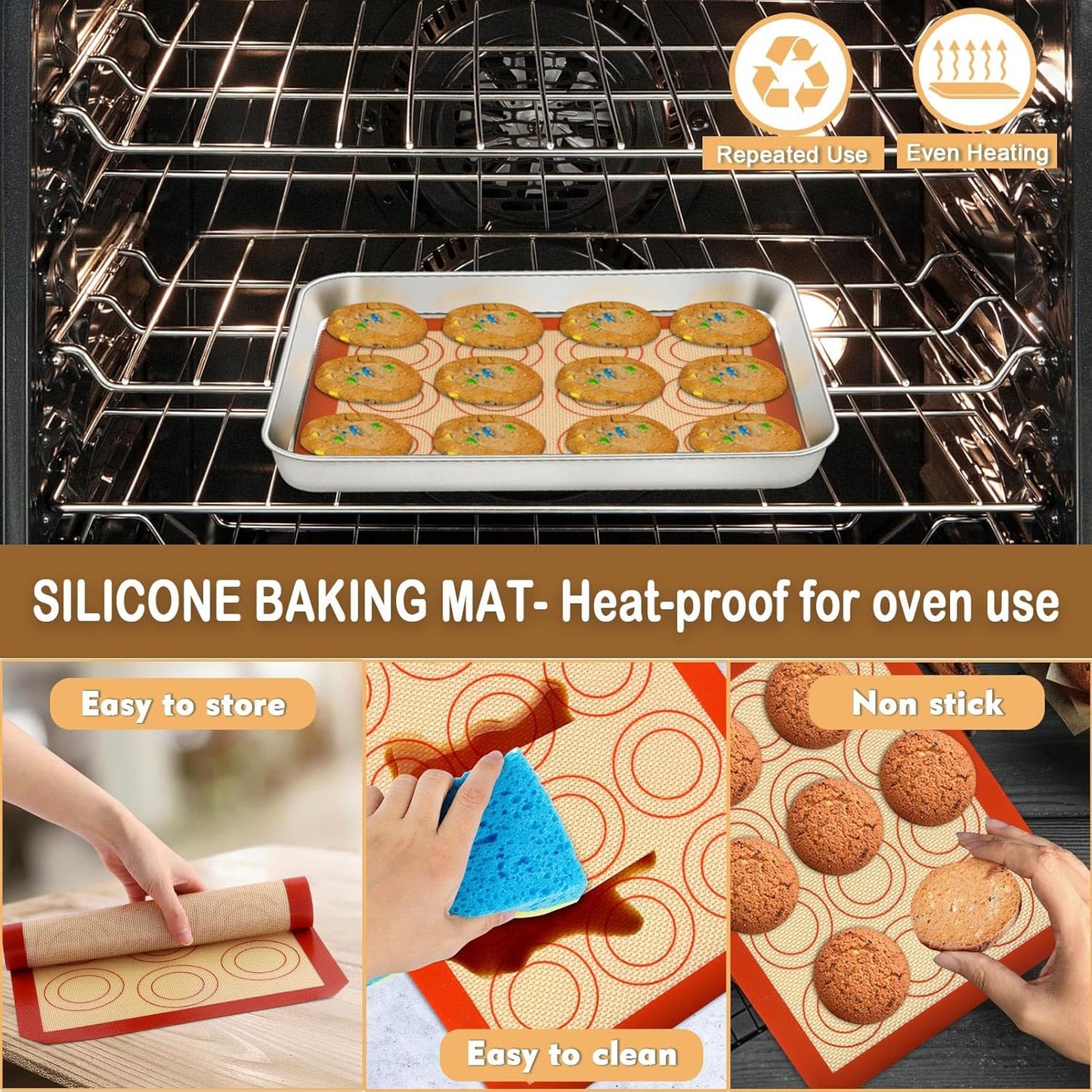 9 Inch Baking Oven Sheet Pan with Rack & Mat for Cookie, Stainless Steel Oven Sheet Tray Cooling Rack and Silicone Mat for Baking & Roasting, Dishwasher Safe & Healthy, 3Pcs