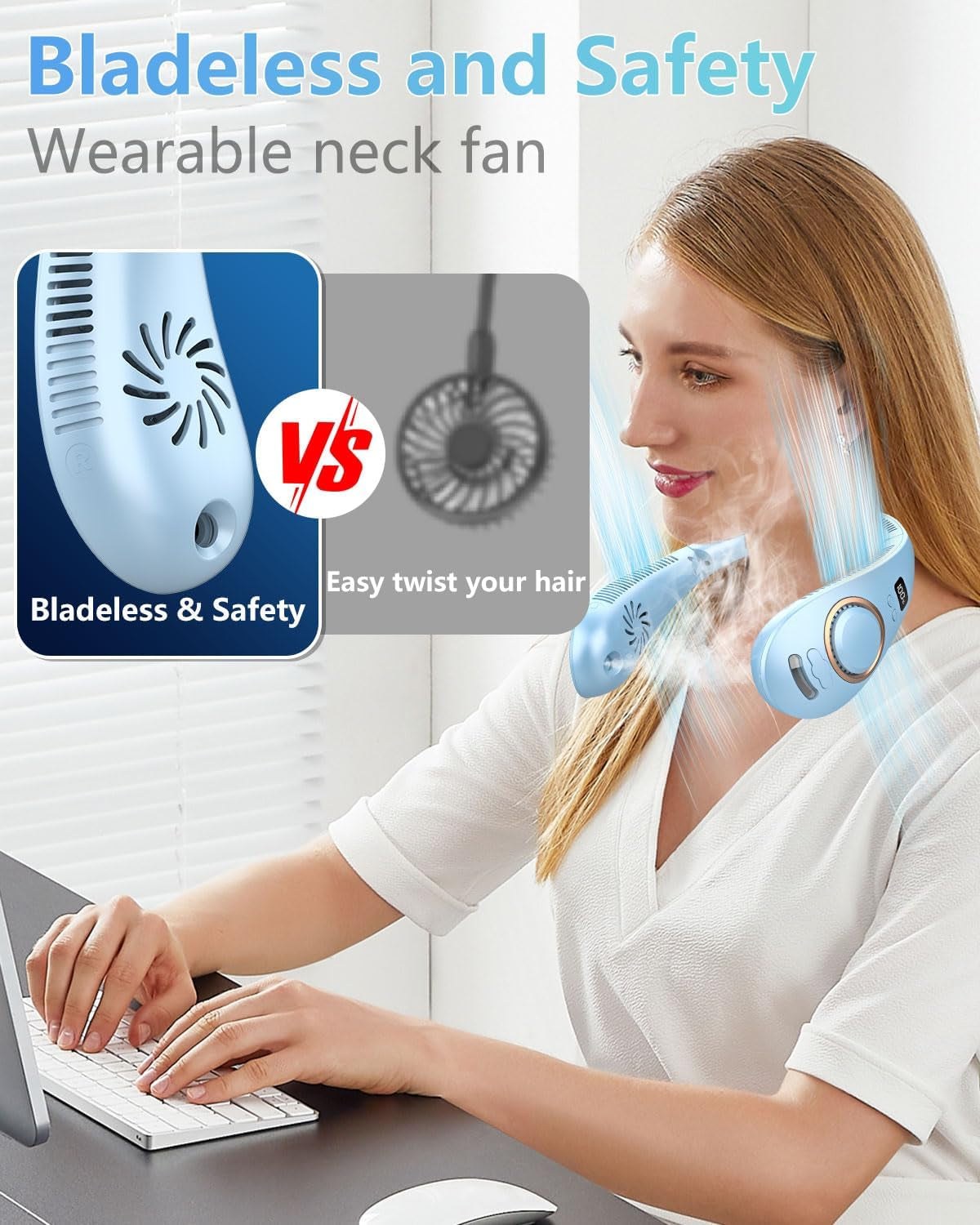 Fan with Water Spray Misting Fan,Neck Fan Rechargeable with LED Display Adjustable Speeds,Foldaway Powerful Soundless Compact Neck Hanging Fans with Water Mist for Travelling outside Blue