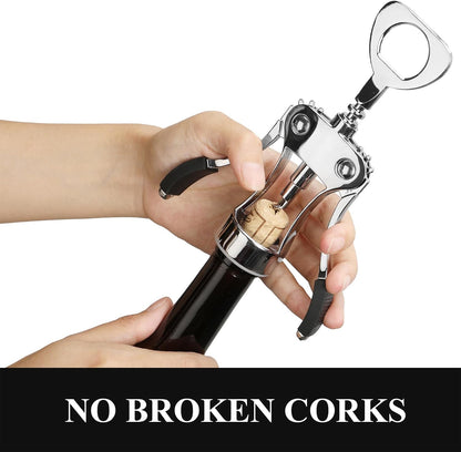 Wine Opener, Heavy-Duty Zinc Alloy Wing Corkscrew, Premium Beer Bottle Opener, Multifunctional Wine Accessories with Ergonomic Handle and Sharp Screw, for Kitchen, Bar, Restaurant, Bartenders