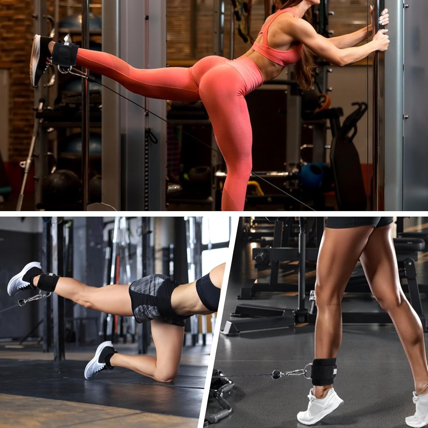 Ankle Strap for Cable Machine, Adjustable Cable Kick Back Ankle Strap with Neoprene Padding, Double D-Rings Design Ankle Resistance Band