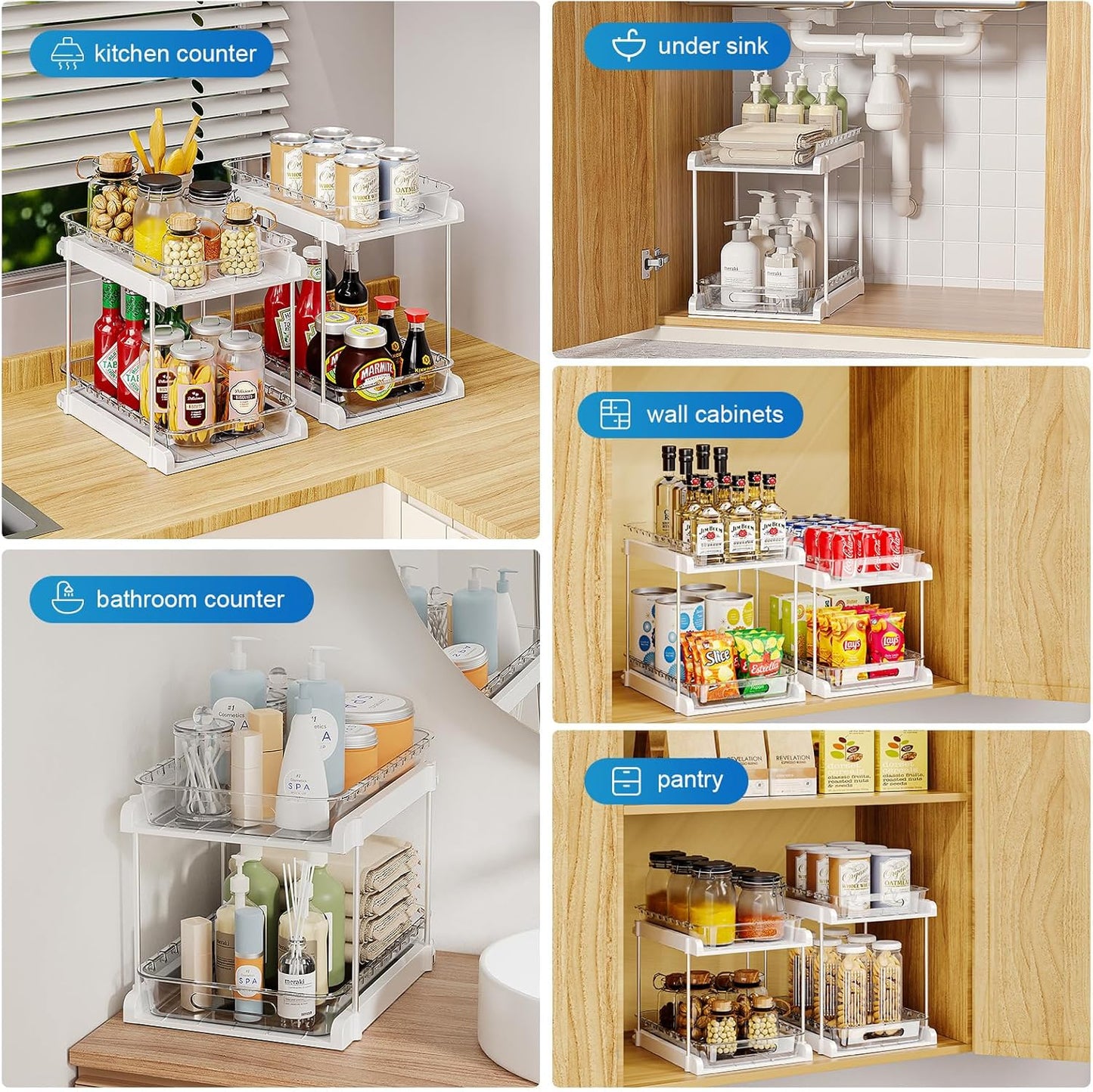 2-Tier Pull Out under Sink Organizers for Kitchen, Bathroom, Pantry, Counter Top or Cabinet Organizer, Pack of 2