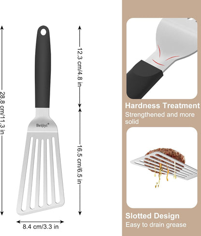 11.3" Fish Spatula, Stainless Steel Slotted Spatula for Cooking Flipping Fish, Egg, Burger, Metal Kitchen Turner for Cast Iron Skillet with Silicone Handle, 1.2Mm Thickened Blade