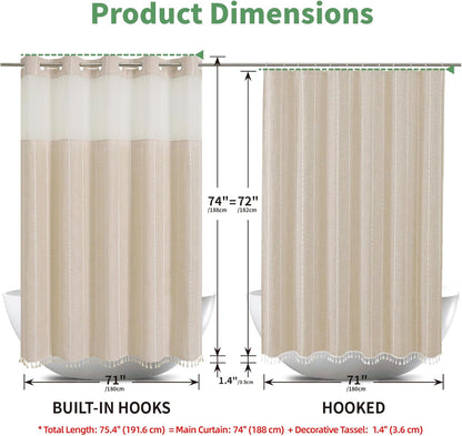 Boho Farmhouse No Hook Shower Curtain Set with Snap-In Fabric Liner,Heavy-Duty Linen Textured Rustic Striped Design,Water-Repellent with Tassels and Sheer Window,Cream/Beige,71X74
