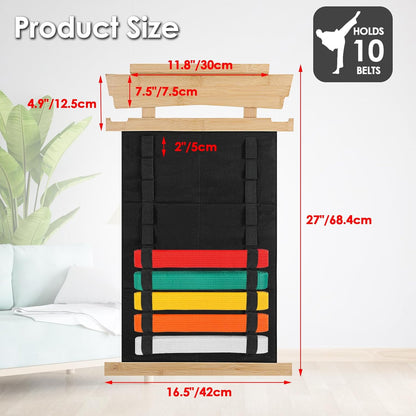 Karate Belt Display Rack with Personalized Stickers - Bamboo Trophy Holder for Taekwondo, BJJ, and Martial Arts Belts