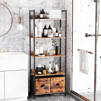 5-Tier Bookshelf, Tall Bookcase with 2 Storage Drawers, Industrial Display Standing Shelf Units, Wood and Metal Storage Shelf for Living Room, Bedroom, Home Office, Rustic Brown