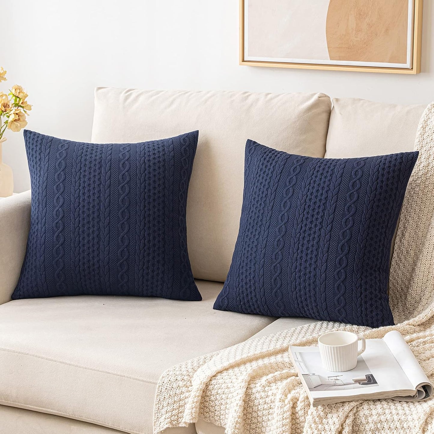 Decorative Throw Pillow Covers Set of 2 Super Soft Modern Stretchy Embossed Patterned Cushion Covers for Farmhouse Couch Sofa Livingroom Bed,Navy Blue 18X18 Inch