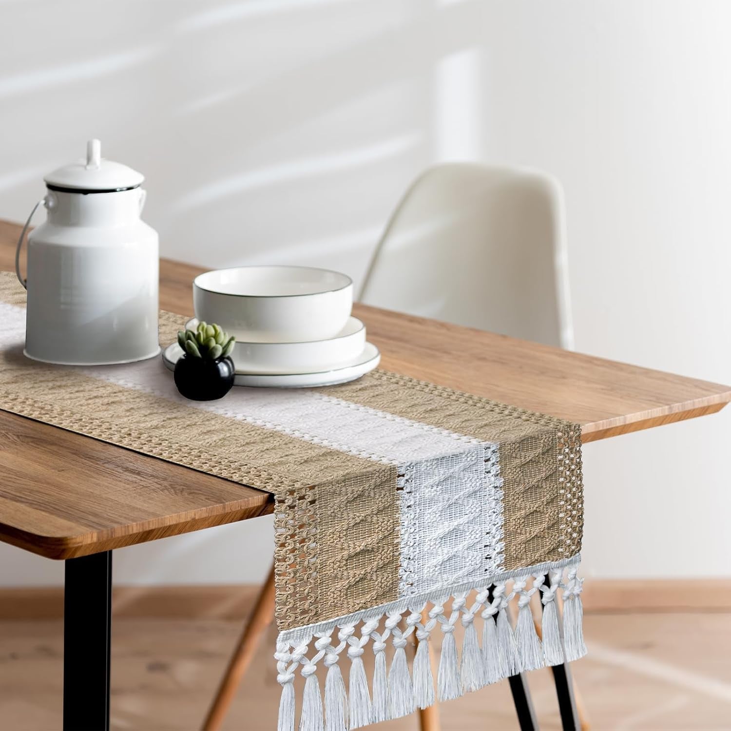 Boho Table Runner for Home Decor with Tassels 72 Inches Long Farmhouse Rustic Brown Macrame Burlap Table Decoration for Living Room Bridal Shower (12X72 Inches)