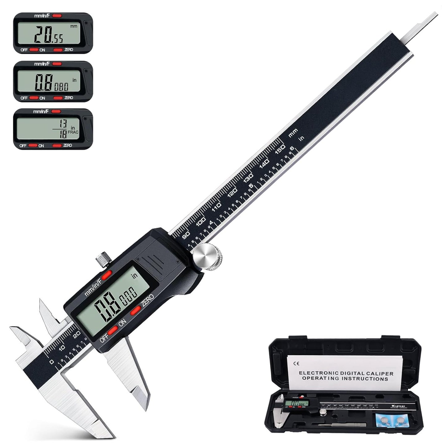 Digital Vernier Caliper, Caliper Measuring Tool, outside Micrometer Dial Caliper with Stainless Steel, Large LCD Screen, Auto - off Feature, Inch Metric Fraction Conversion (6Inch/150Mm)