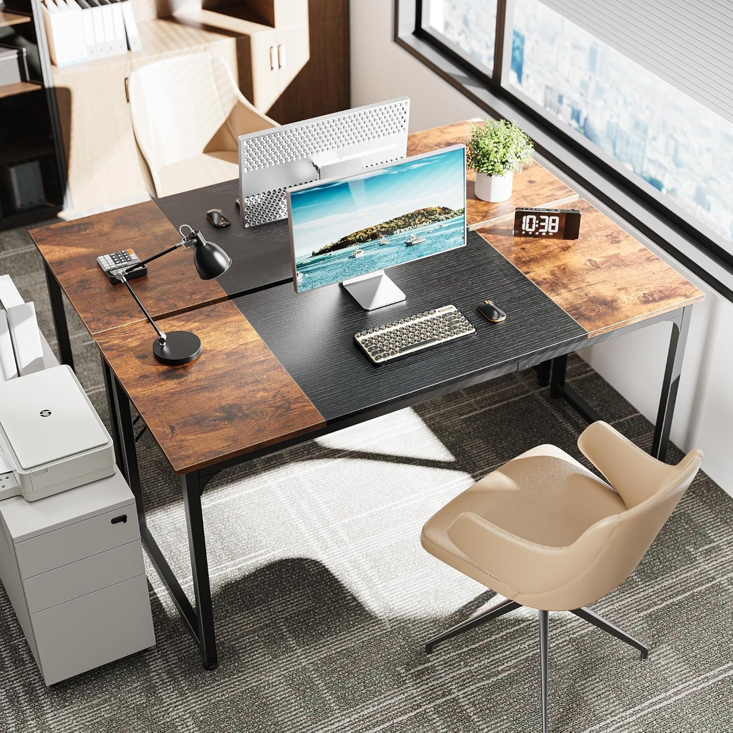 63-Inch Modern Office Desk with Metal Frame, Rustic Brown and Black Finish, Ideal for Home Office, Gaming, and Study Use, Spacious Design with Large Legroom
