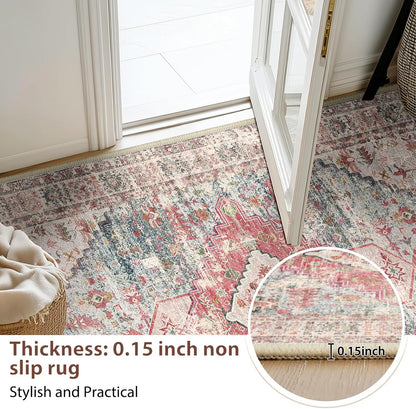 5X7 Area Rug for Living Room Washable Rugs No Pile Carpet for Entryway Bedroom Dinning Room Playroom Vintage Boho Carpet Print Distressed Non-Slip, 5 X 7 Ft, Pink