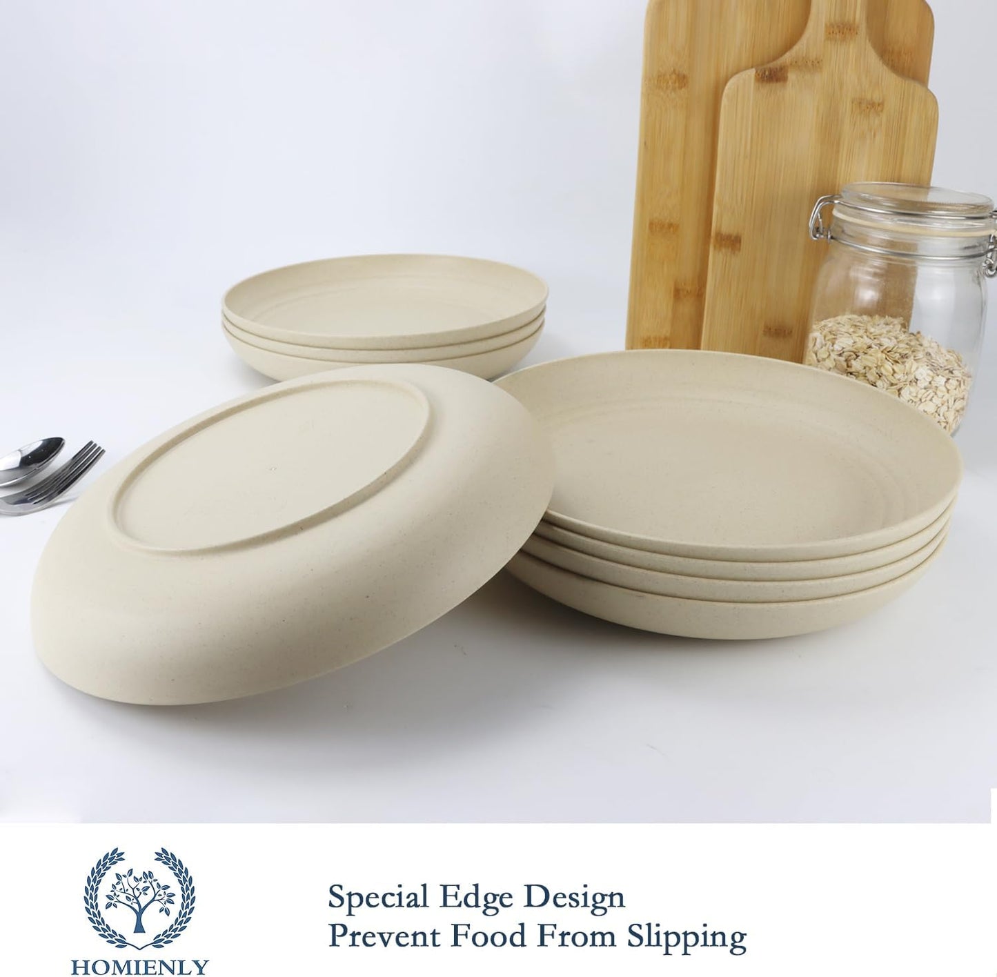 Deep Dinnerware Set of 12 - Eco-Friendly Wheat Straw Plates, Microwave and Dishwasher Safe, Unbreakable for Kids (Beige, 10 Inch)