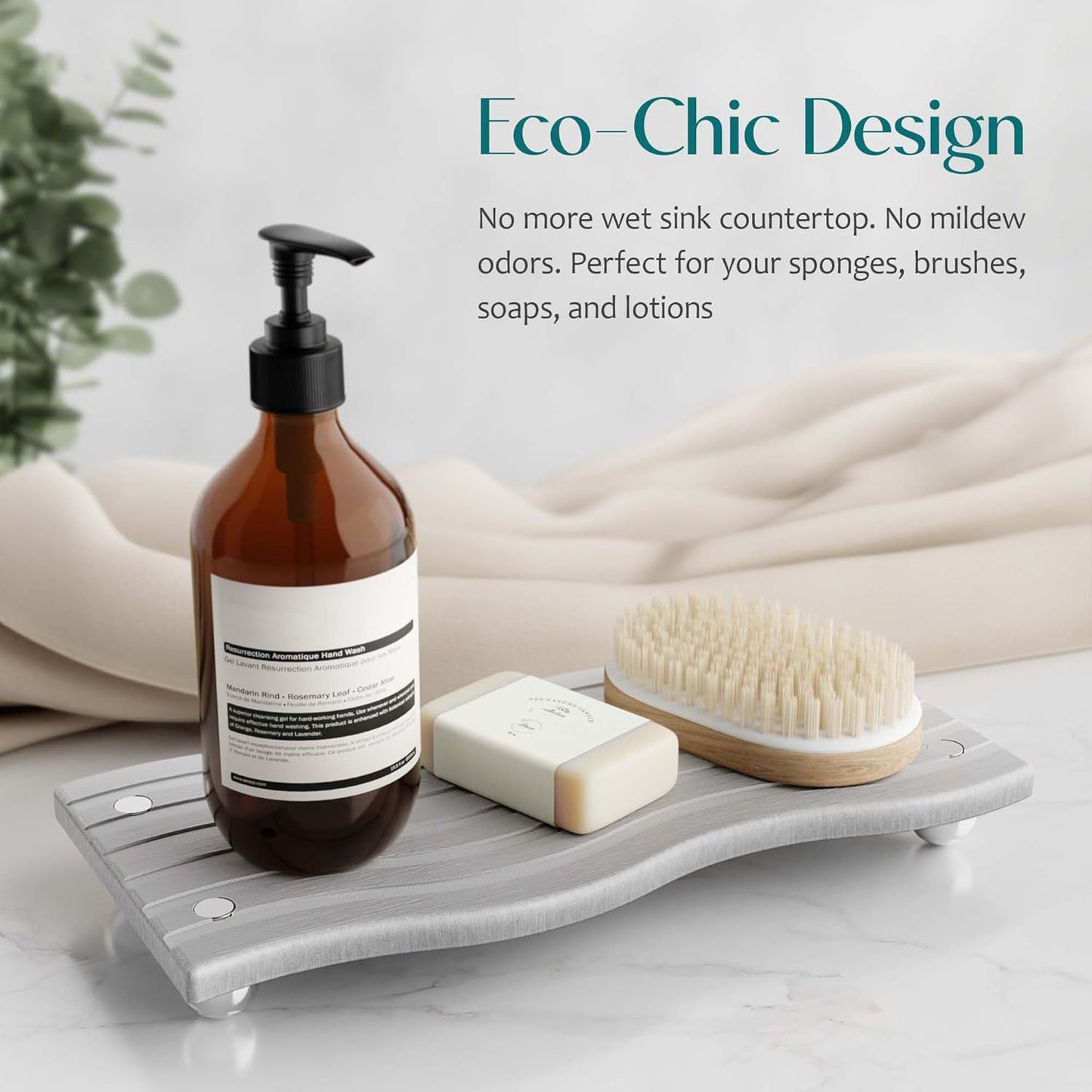 Water Absorbing Stone Tray for Sink, Diatomite Drying Stone for Kitchen Bathroom Counter, Decorative Raised-Feet Vanity Tray, Sink Caddy Organizer for Dish Soap & Sponge Holder [Grey, 9'' X 4'']