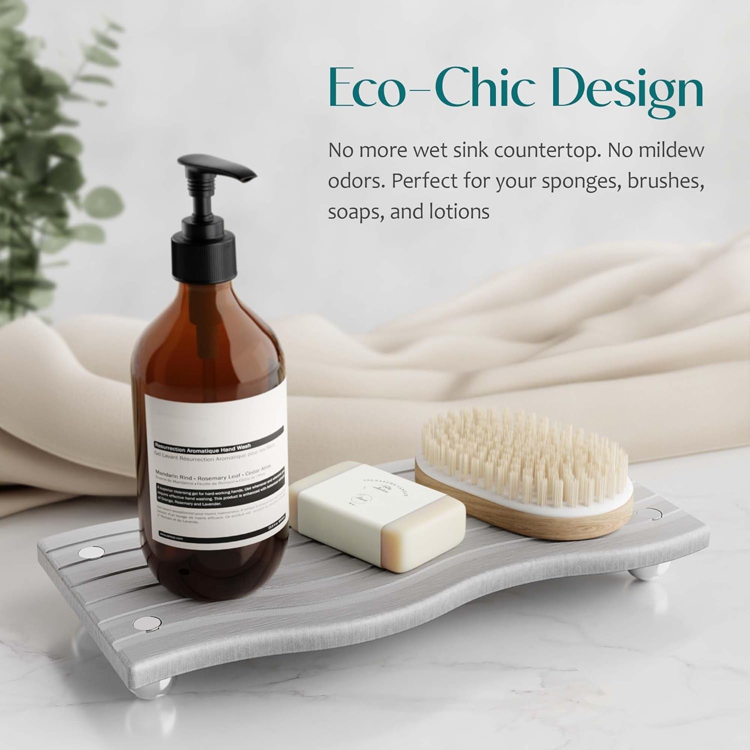 Water Absorbing Stone Tray for Sink, Diatomite Drying Stone for Kitchen Bathroom Counter, Decorative Raised-Feet Vanity Tray, Sink Caddy Organizer for Dish Soap & Sponge Holder [Grey, 9'' X 4'']