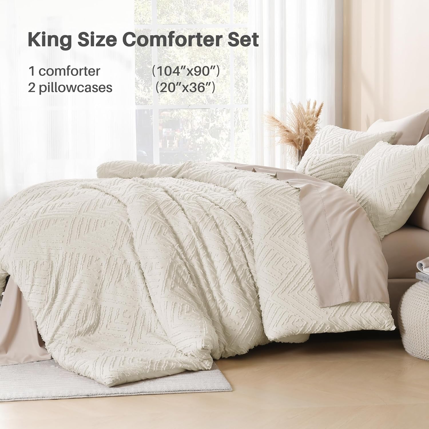 King Size Comforter Set Beige, 3 Pieces Cream Tufted Boho Farmhouse Bedding Comforter Sets, Lightweight Fluffy Comforter Bed Set for All Season (104X90In Comforter and 2 Pillowcases)