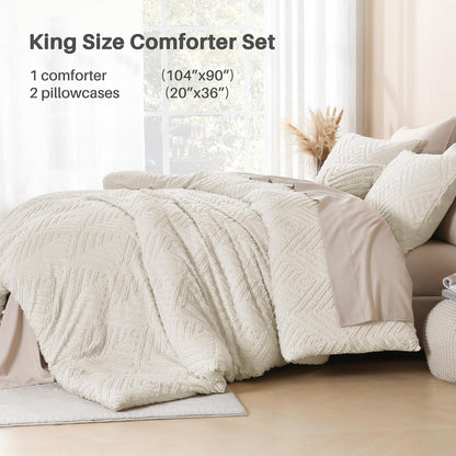 King Size Comforter Set Beige, 3 Pieces Cream Tufted Boho Farmhouse Bedding Comforter Sets, Lightweight Fluffy Comforter Bed Set for All Season (104X90In Comforter and 2 Pillowcases)