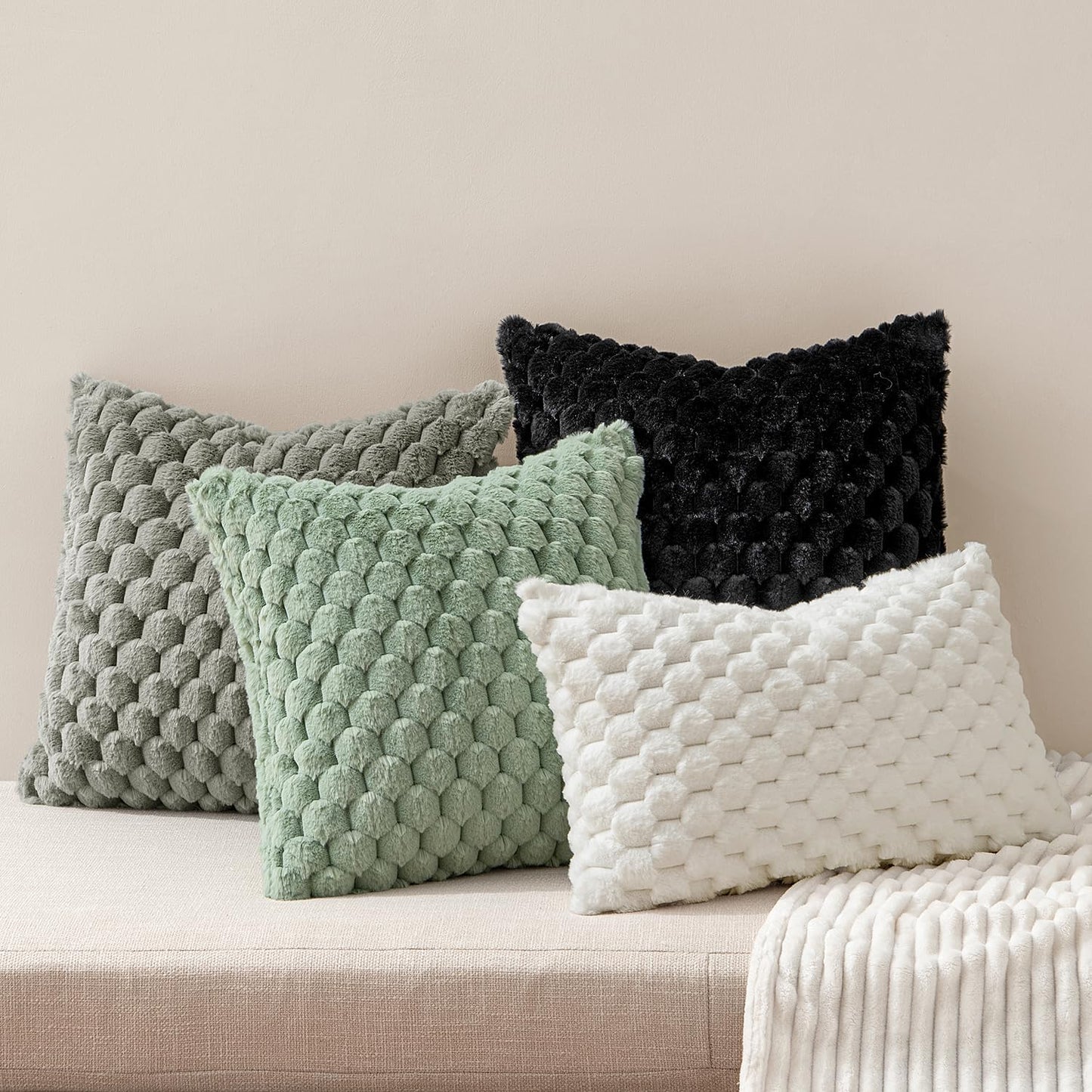 Black Faux Fur Decorative Throw Pillow Covers 18X18 Inch Set of 2 Super Soft Cozy Plush Cushion Cases Luxury Fluffy Pillowcases for Sofa Couch Bed Living Room