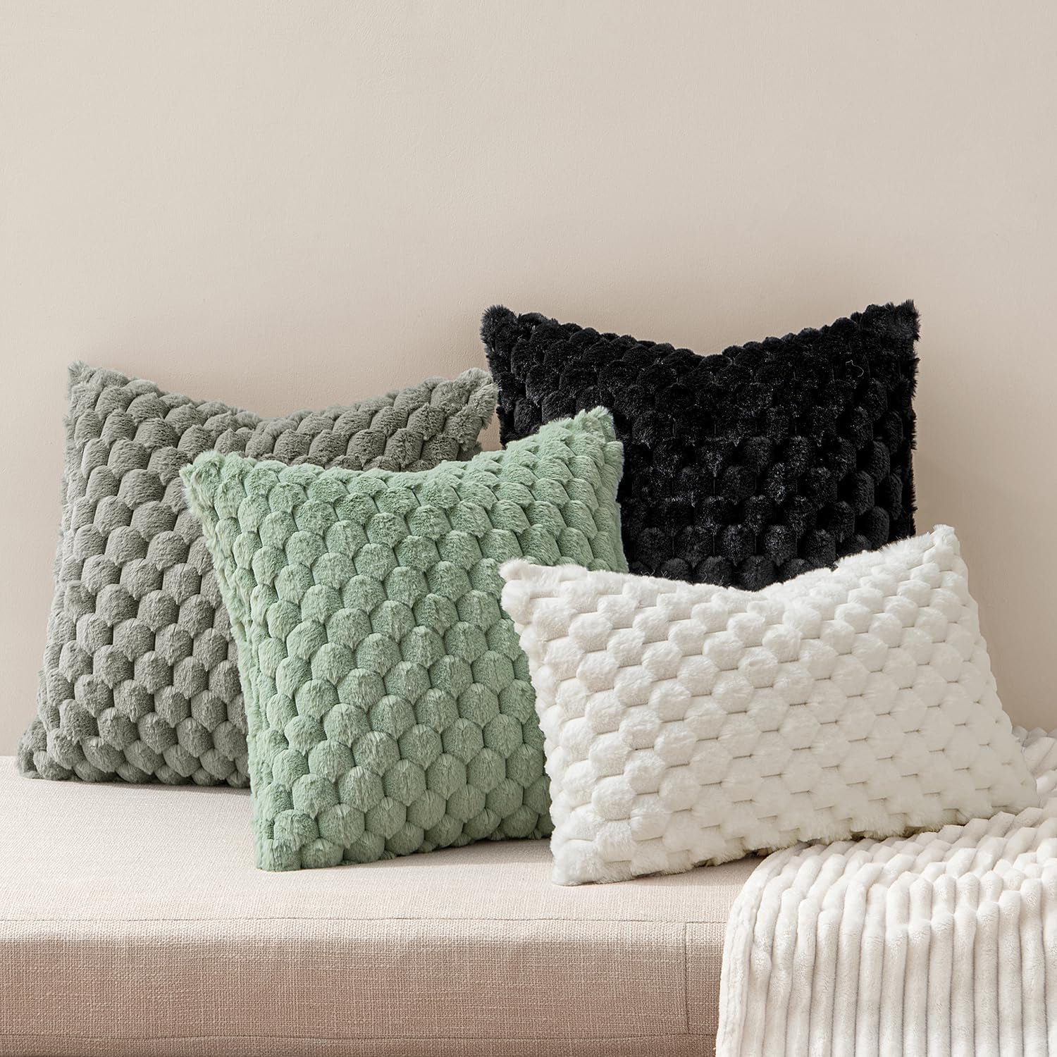 Sage Green Faux Fur Decorative Throw Pillow Covers 18X18 Inch Set of 2 Super Soft Cozy Plush Cushion Cases Luxury Fluffy Pillowcases for Sofa Couch Bed Living Room