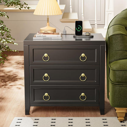 23.6-Inch Modern Nightstand with Charging Station and USB-C Port, Three Drawer Bedside Table, Black Finish