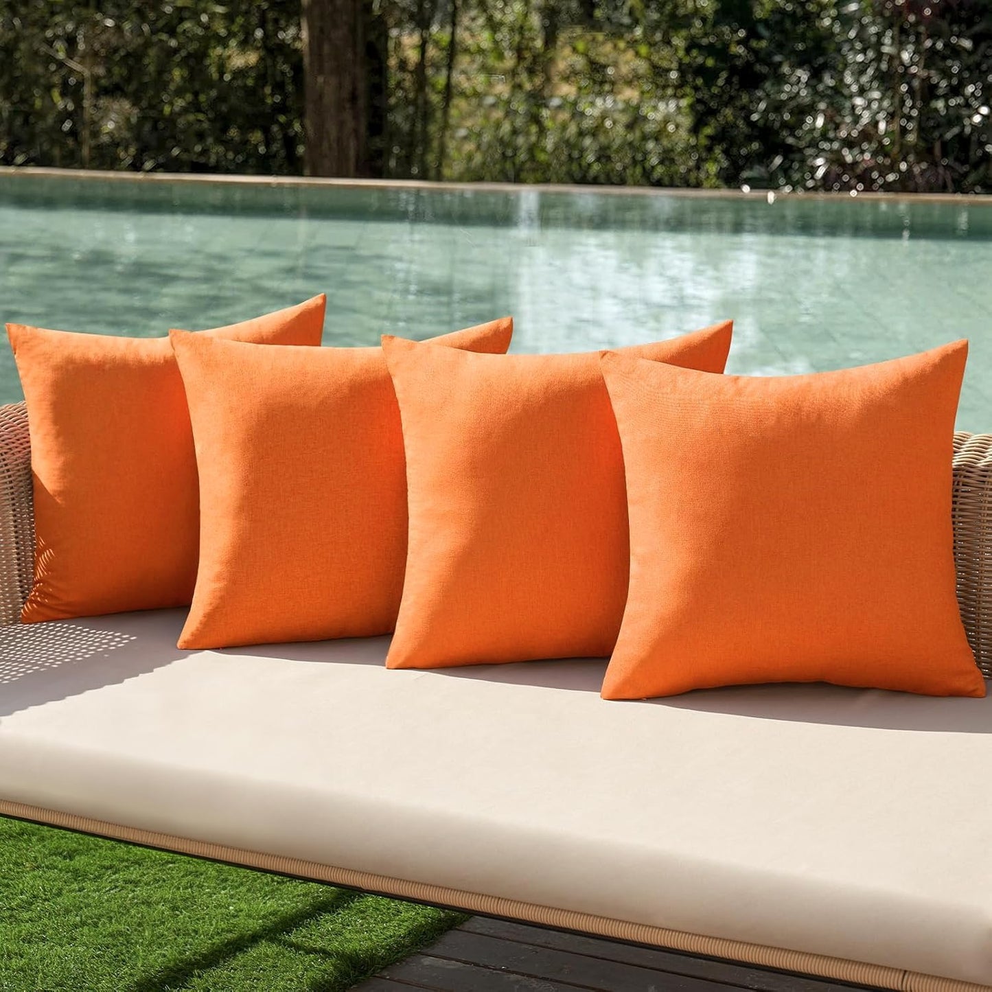 Fall Pack of 4 Decorative Bright Orange Throw Pillow Covers Linen Waterproof Pillow Covers Outdoor Farmhouse Cushion Cases for Halloween Patio Garden Tent Balcony Couch Sofa 18X18 Inch