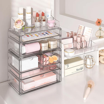 3-Tier Clear Makeup Organizer with Drawer, Acrylic Cosmetic Display Case for Makeup Vanity Bathroom Counter Organizers and Storage, Stackable Vanity Organizer for Brushes Lipsticks Skincare