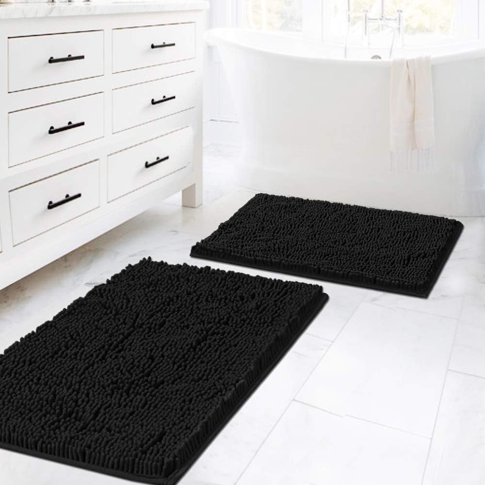 Black Bathroom Rug Set 2 Piece, Bath Mats for Bathroom Floor, Super Thick Soft Shaggy Chenille Bath Mats Machine Washable, Dry Fast Water Absorbent Bath Mats(20" X 32"/17" X 24")