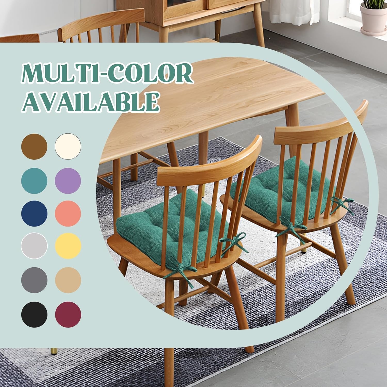 ® Chair Cushions for Dining Chairs, Tufted Memory Foam Chair Pads with Non-Slip Backing, Kitchen Seat Cushions with Ties, Washable Seat Pad Set of 4, 15.5" X 15.5" X 4", Green