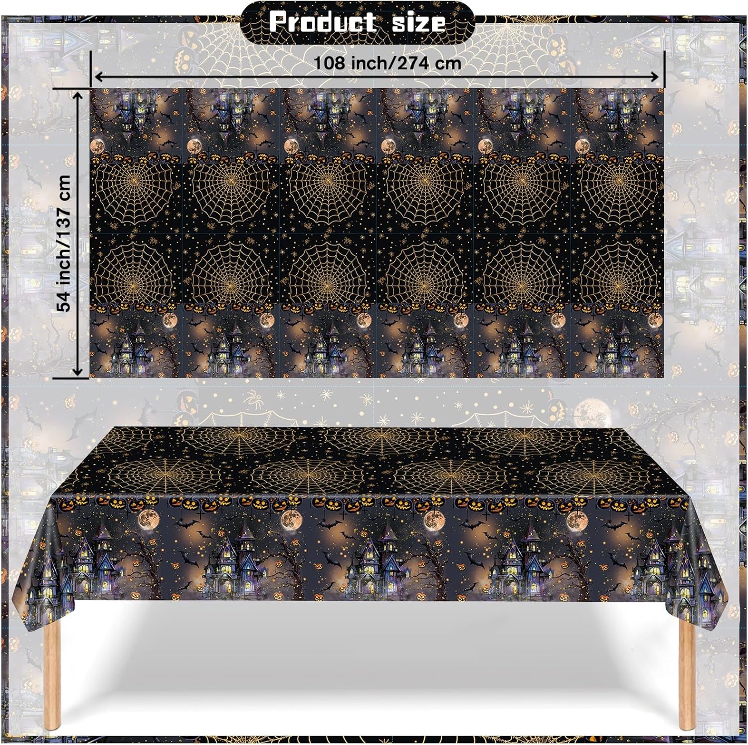 3 Packs Black Halloween Tablecloth 54 X 108 Inches Scary Castle Ghost Pumpkin Table Cloth Disposable Waterproof Plastic Bat Gold Spider Web Table Cover Trick or Treat for Halloween Party Dining