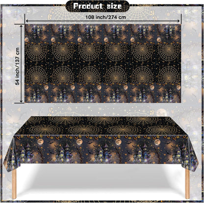 3 Packs Black Halloween Tablecloth 54 X 108 Inches Scary Castle Ghost Pumpkin Table Cloth Disposable Waterproof Plastic Bat Gold Spider Web Table Cover Trick or Treat for Halloween Party Dining