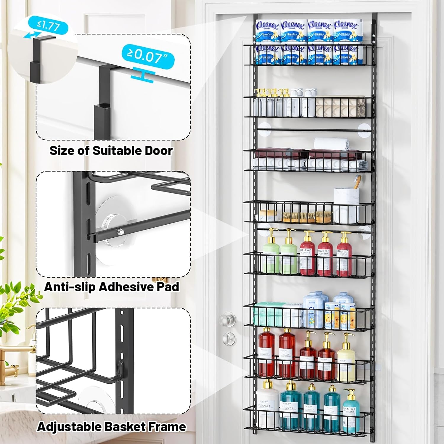 8-Tier Pantry Door Oragnizer, over the Door Pantry Organizer Rack and Storage, Hanging Spice Rack Shelves Door, Home Office Laundry Room Bathroom & Kitchen Organization Essentials Metal