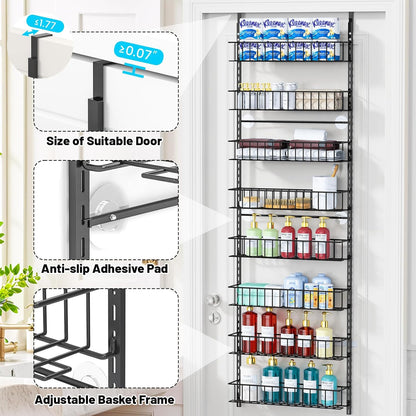 8-Tier Pantry Door Oragnizer, over the Door Pantry Organizer Rack and Storage, Hanging Spice Rack Shelves Door, Home Office Laundry Room Bathroom & Kitchen Organization Essentials Metal