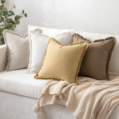 Throw Pillow Covers Boho Farmhouse 18X18 Set of 2 Decorative Cream White Couch with Fringe Chic Cotton Pillowcases Home Decor Accents for Spring Cushion Soft Bed Living Room