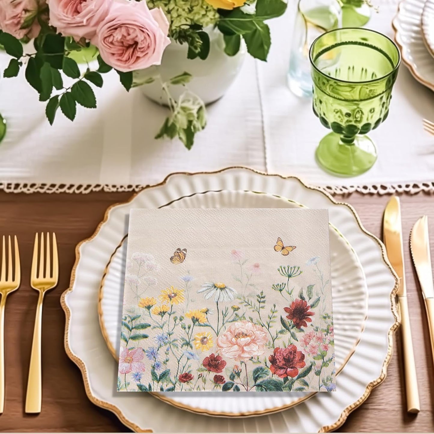 100Pcs Floral Paper Napkins,Spring Wildflower Napkin Disposable Flower Cocktail Napkins for Wedding, Birthday,Baby Shower,Easter,Mothers Day Party Decorations and Supplies