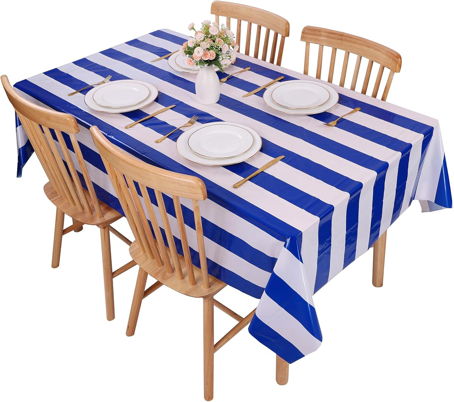 3 Packs Blue and White Vertical Striped Tablecloth 54 X 108 Inch Nautical Blue Stripe Plastic Table Cover Roll Waterproof Disposable Geometric Picnic Party Table Cloth for Dining Family Banquet