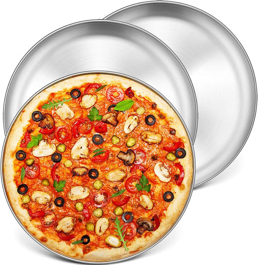 13.5 Inch Pizza Pan, 3 Pieces Stainless Steel round Pizza Tray Dish Plate for Oven Baking Roasting, Healthy & Heavy Duty, Rust Free & Dishwasher Safe -Silver