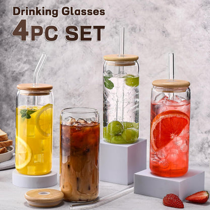 Glass Cups “20Oz”,Glass Cups with Lids and Straws 4 Pcs-Coffee Cups,Drinking Glasses Set,Glass Tumbler with Straw and Lid Gift 2 Cleaning Brushes