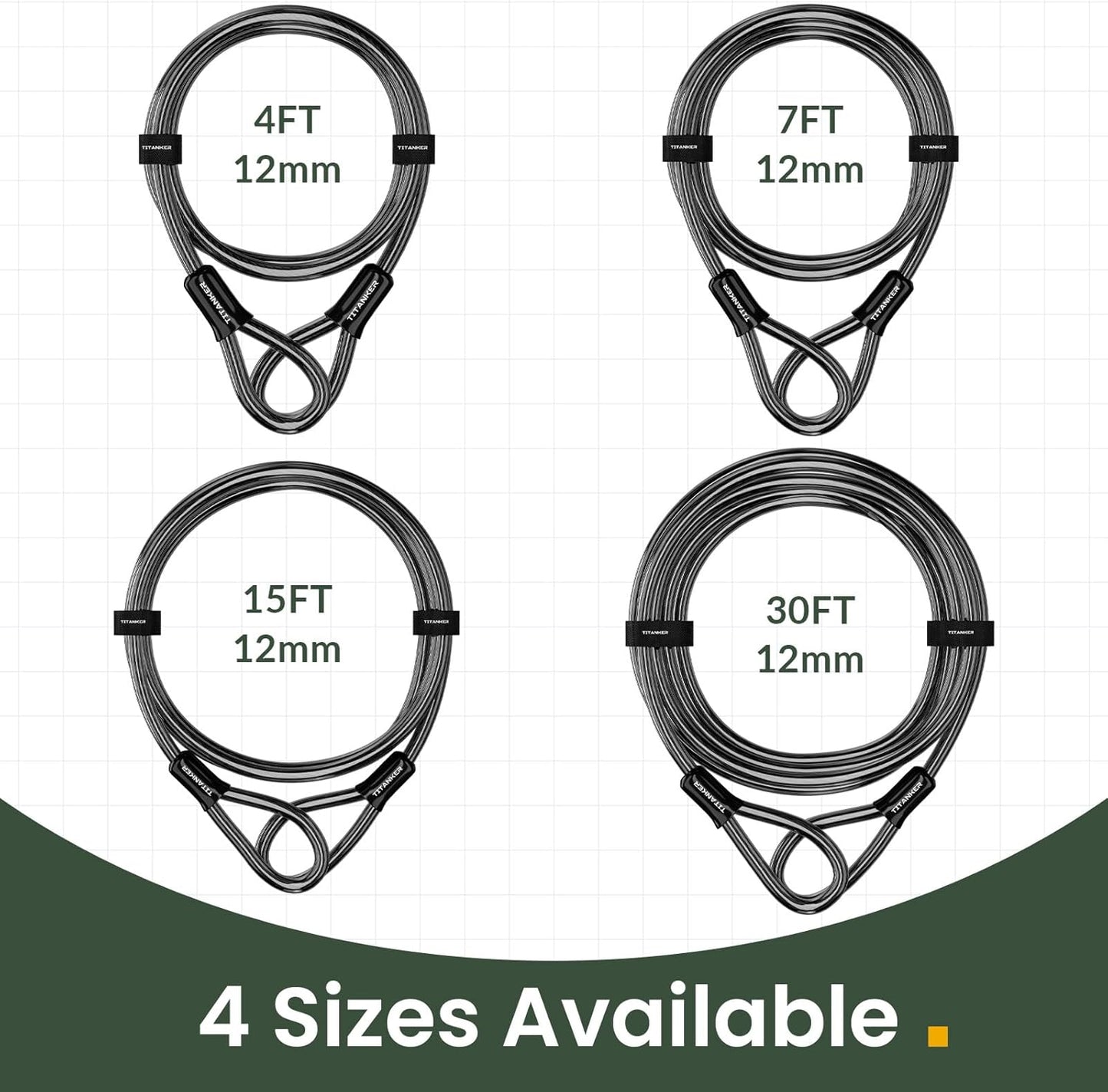 Bike Lock Cable,12Mm Thick Security Cable with Loops Heavy Duty Steel Cable Vinyl Coated Bike Cable Lock Security Chain (4Ft, 7Ft, 15Ft, 30Ft)