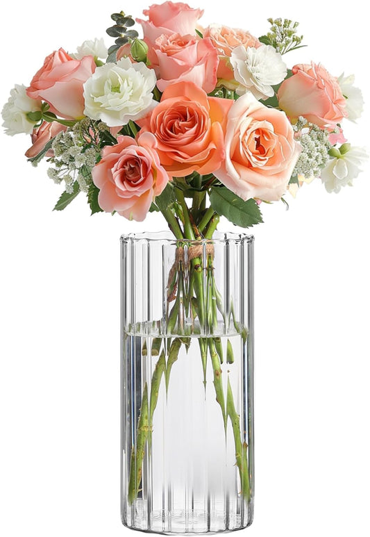 Glass Cylinder Vases, Bud Vase for Centerpieces, 8 Inch Tall Ribbed Vase Hurricane Floating Candle Holder, Decorative Flower Vases for Wedding Reception, Home Decor, Housewarming Gift (Clear)