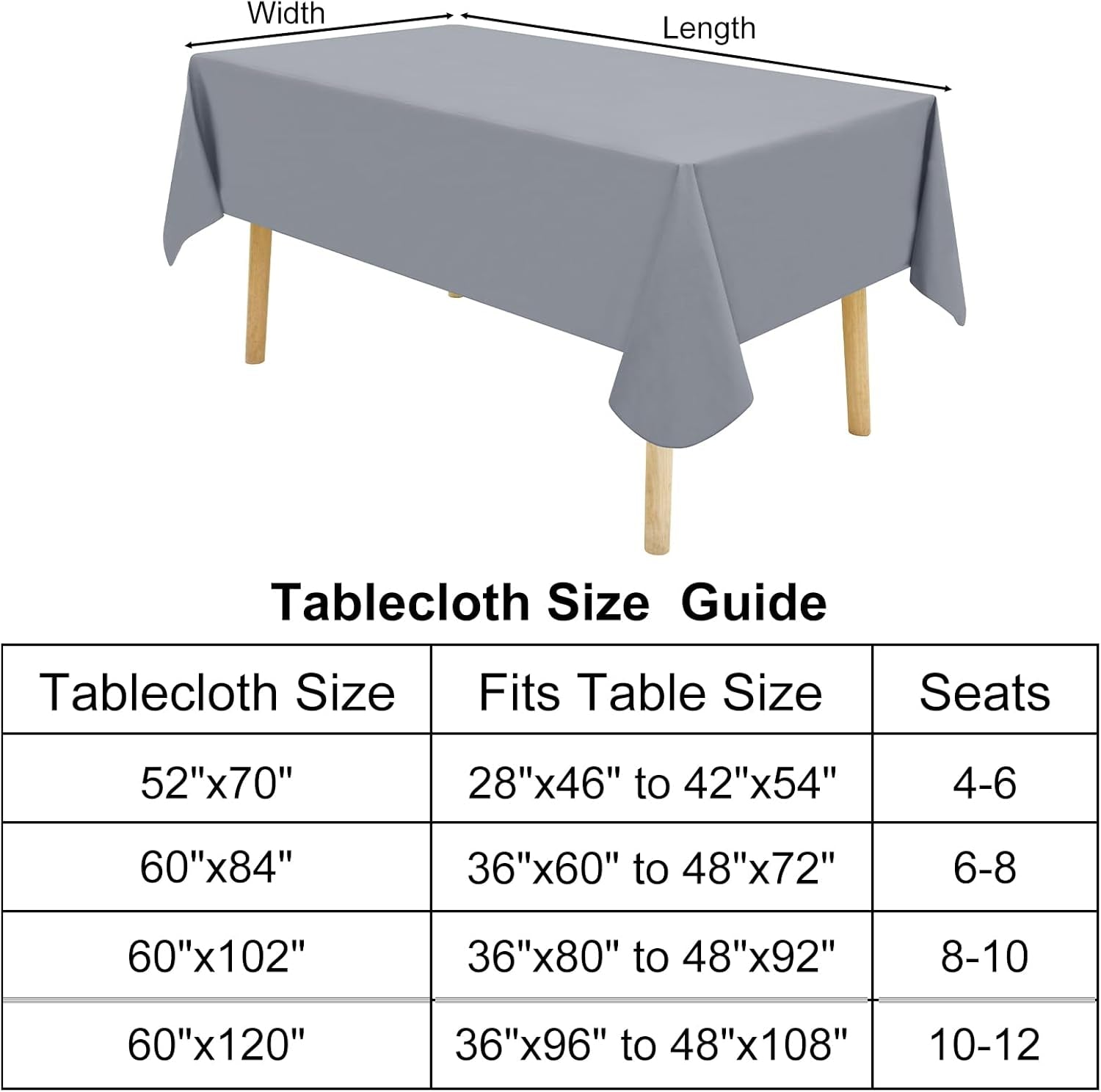 2 Pack Rectangle Vinyl Tablecloth, Waterproof Spillproof Plastic Flannel Backed Table Cloth, Wipe Clean Table Cover for Dining Table, Buffet Parties and Camping (Grey, 52" X 70")